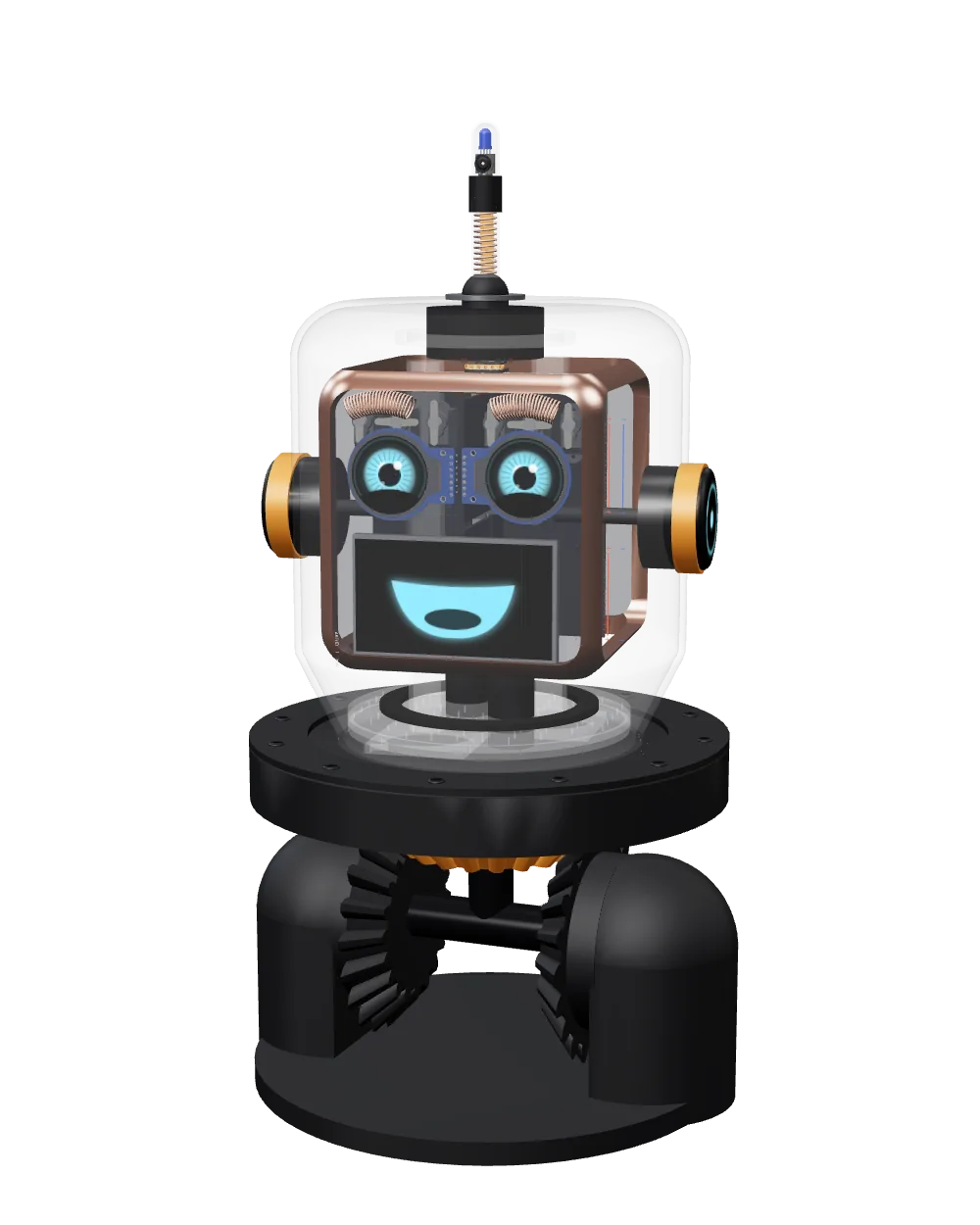 El robot de escritorio Q-B2: un cubo con ojos, boca y orejas dentro de un frasco de vidrio, sobre un cuello de engranajes