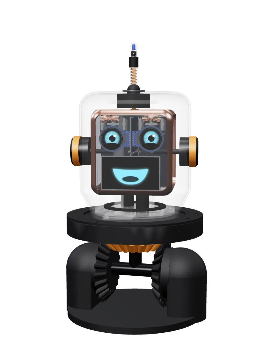 Q-B2 sonriendo, con las cejas arqueadas y las orejas encendidas